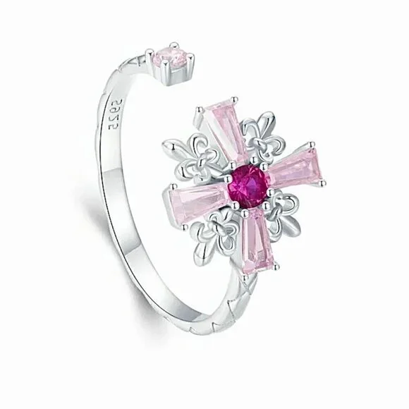 NWT S925 Sterling Silver Pink CZ Cross Fleur-De-Lis Design Open Adjustable Ring - Picture 6 of 12